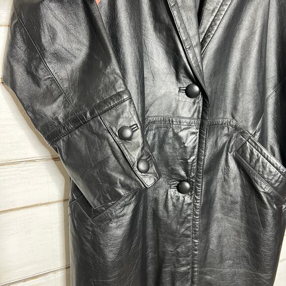 Vintage Charles Klein Black Leather Trench Coat Women’s Medium Long Jacket - Picture 5 of 12